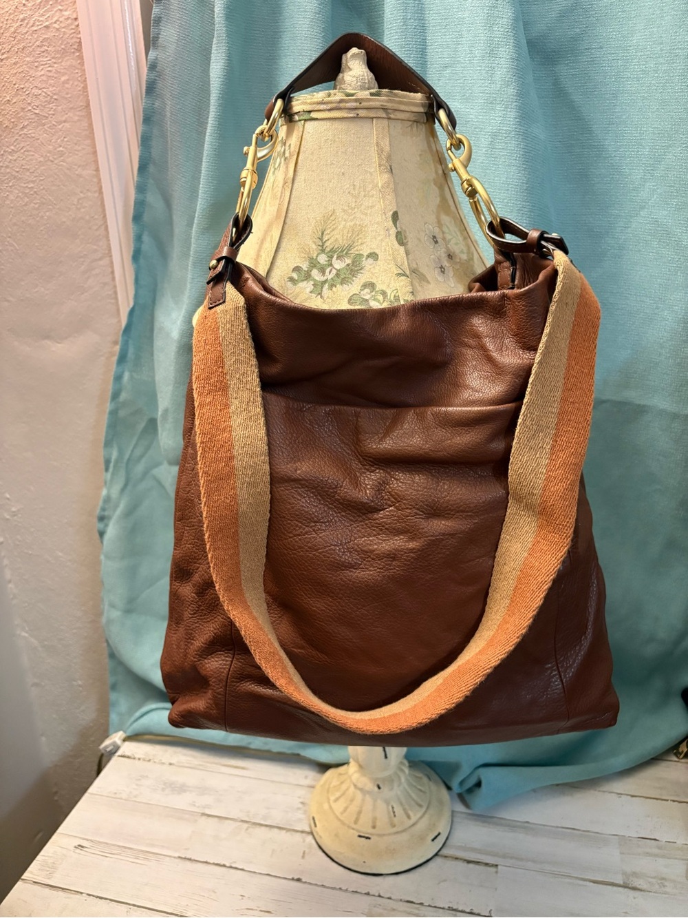 Vince Camuto Jenna Hobo Classic Brown Leather Hobo Bag with Orange-Tan Strap